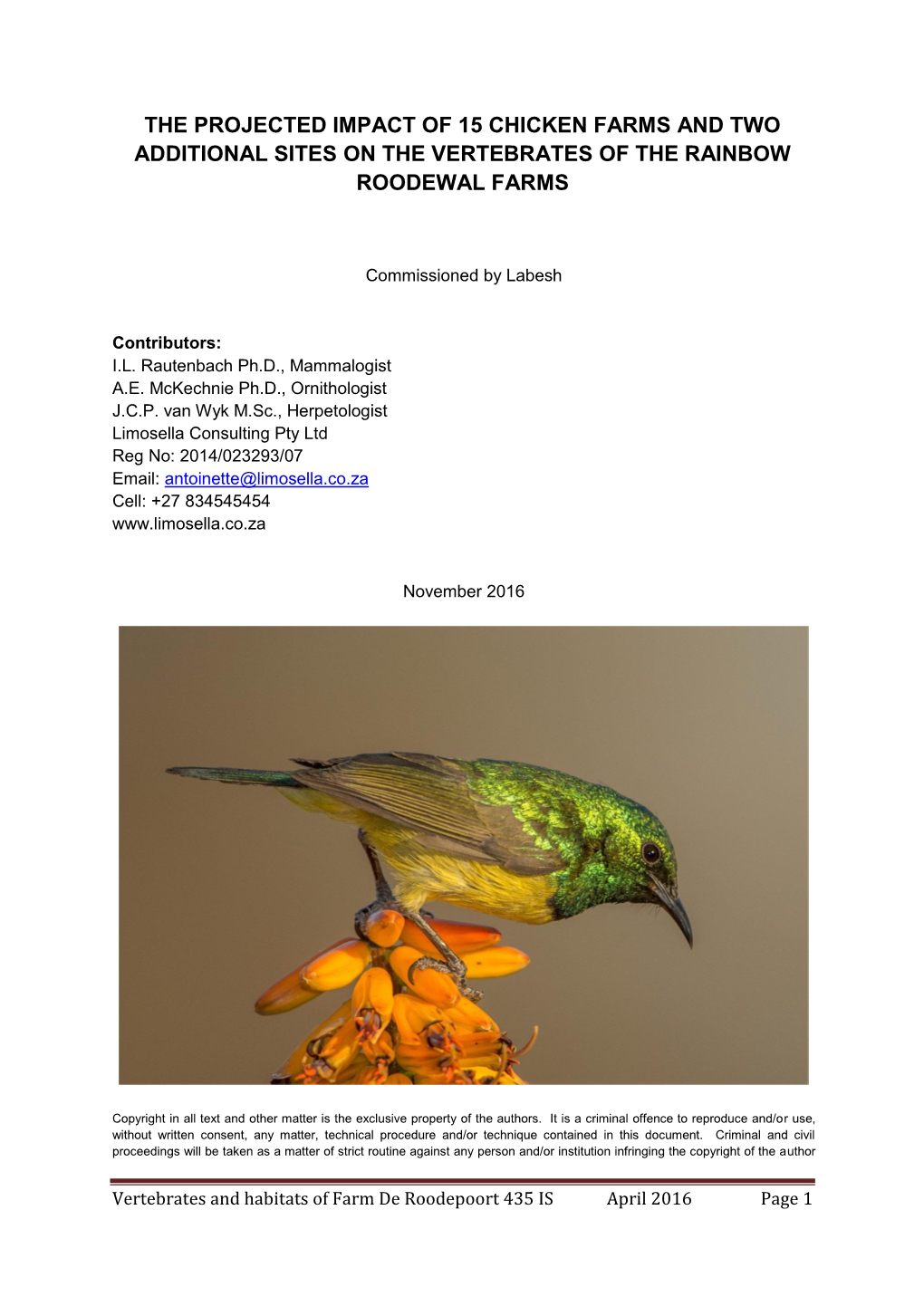 The Projected Impact of 15 Chicken Farms and Two Additional Sites on the Vertebrates of the Rainbow Roodewal Farms