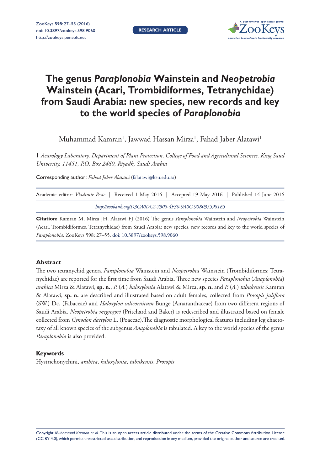 Acari, Trombidiformes, Tetranychidae) from Saudi Arabia: New Species, New Records and Key to the World Species of Paraplonobia