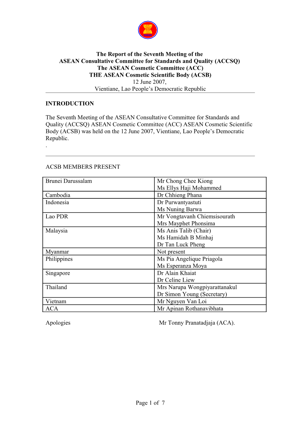 ASEAN Consultative Committee for Standards and Quality (ACCSQ)