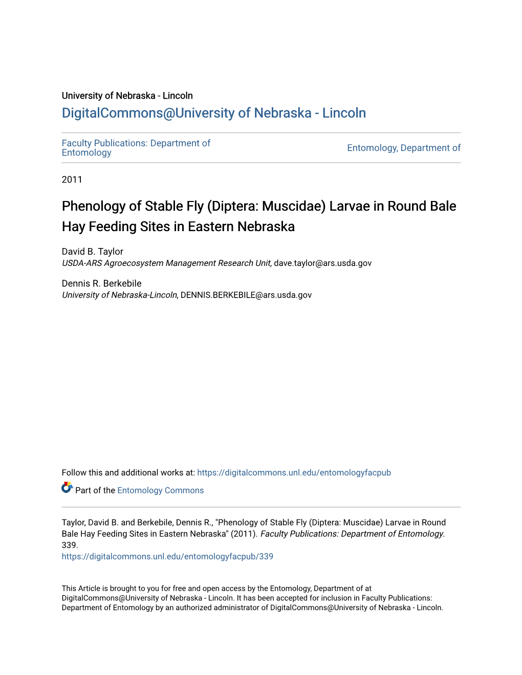 Phenology of Stable Fly (Diptera: Muscidae) Larvae in Round Bale Hay Feeding Sites in Eastern Nebraska