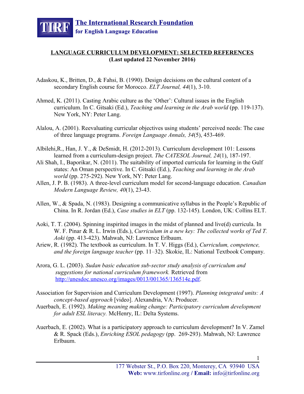 Language Curriculum Development: Selected References