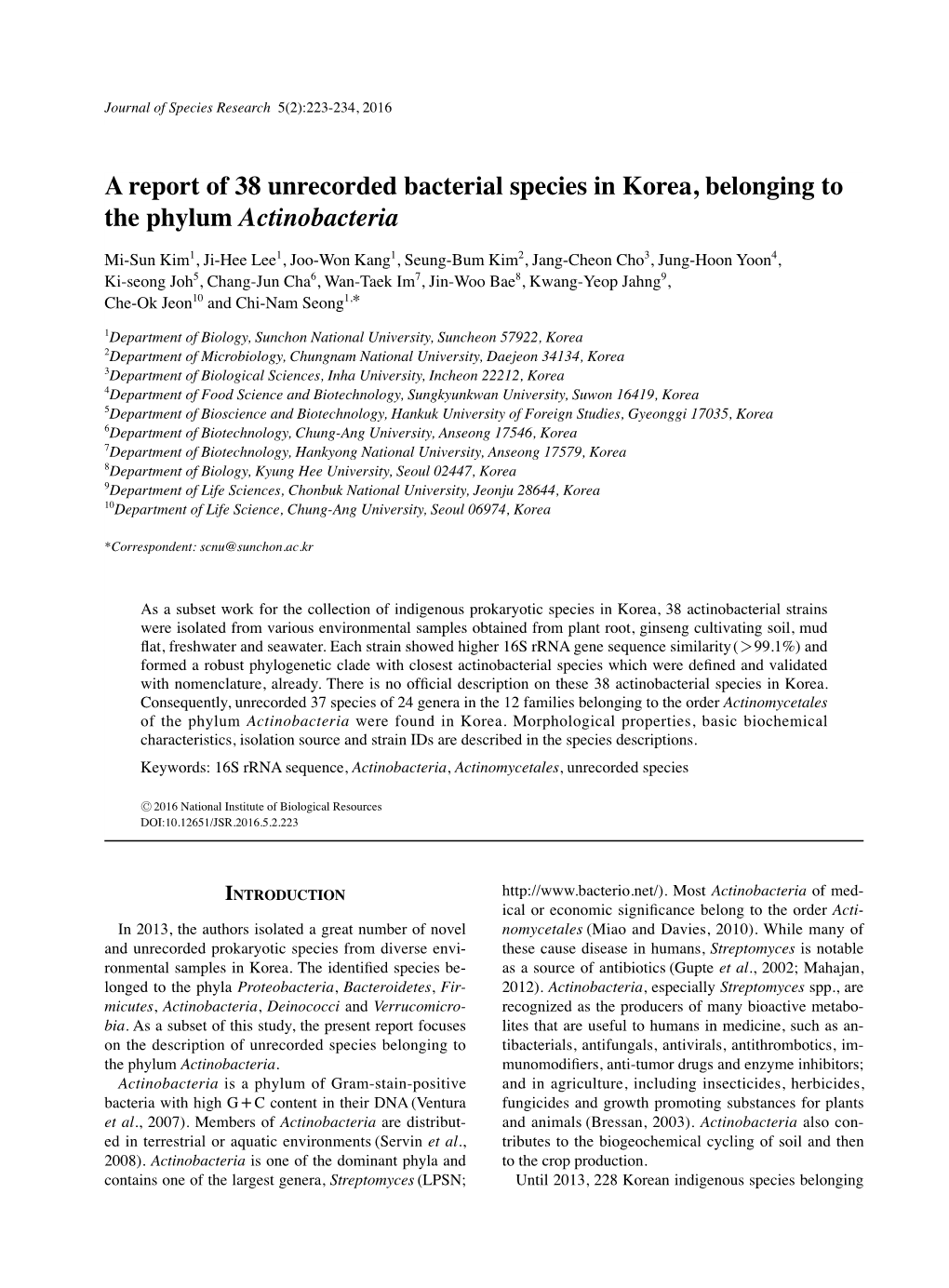 A Report of 38 Unrecorded Bacterial Species in Korea, Belonging to the Phylum Actinobacteria