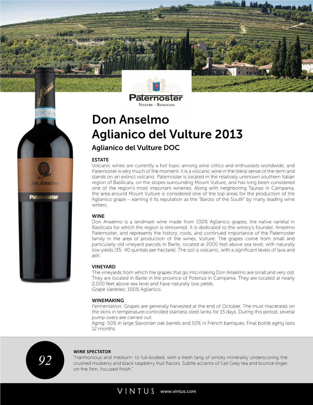 Paternoster Don Anselmo Aglianico Del Vulture 2013 Tech Sheet