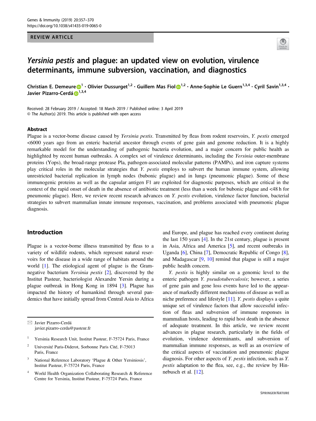 Yersinia Pestis and Plague: an Updated View on Evolution, Virulence Determinants, Immune Subversion, Vaccination, and Diagnostics