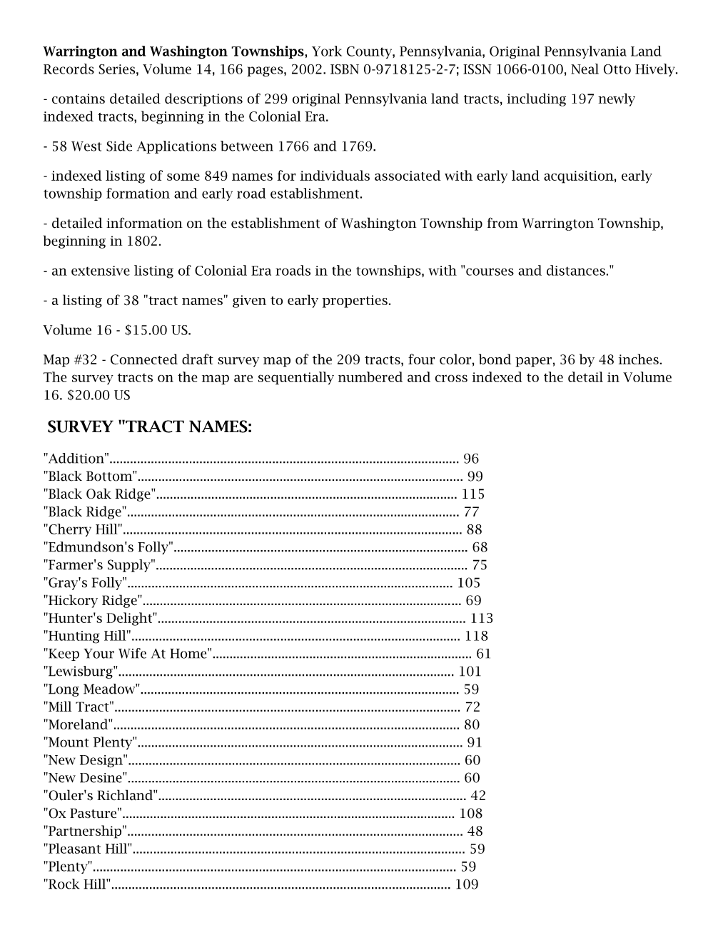 Warrington and Washington Townships, York County, Pennsylvania, Original Pennsylvania Land Records Series, Volume 14, 166 Pages, 2002