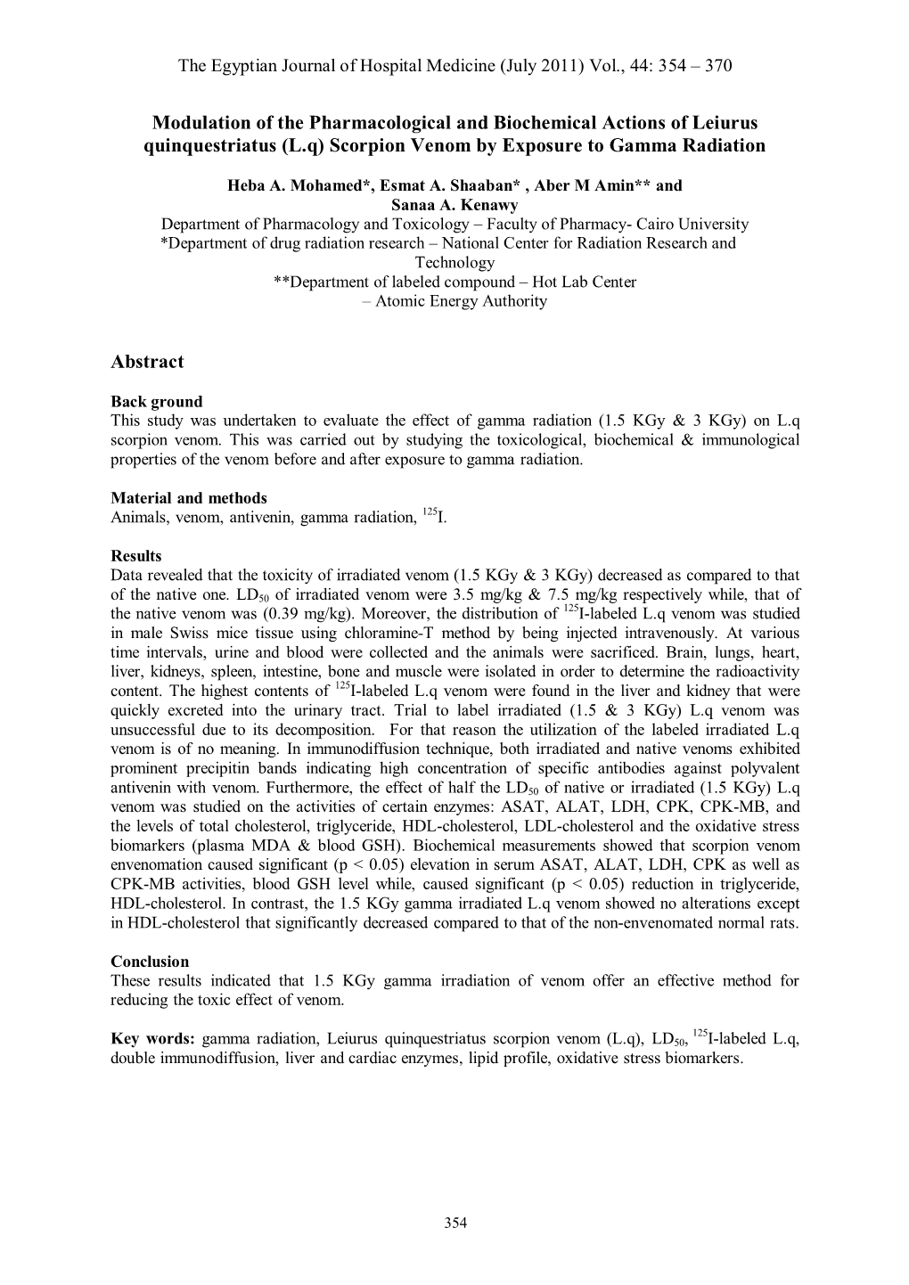 Modulation of the Pharmacological and Biochemical Actions of Leiurus Quinquestriatus (L.Q) Scorpion Venom by Exposure to Gamma Radiation