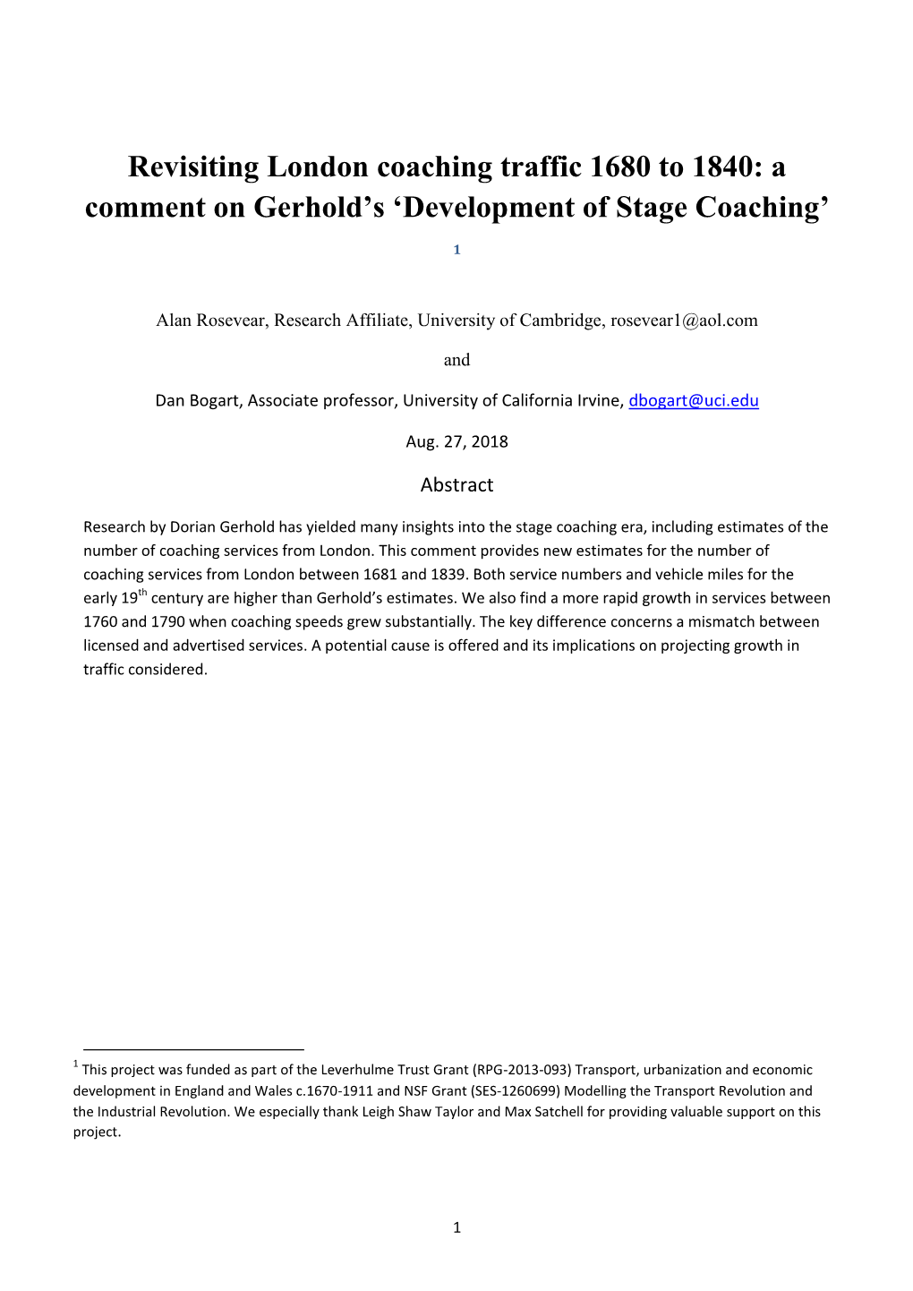 Revisiting London Coaching Traffic 1680 to 1840: a Comment on Gerhold’S ‘Development of Stage Coaching’ 1