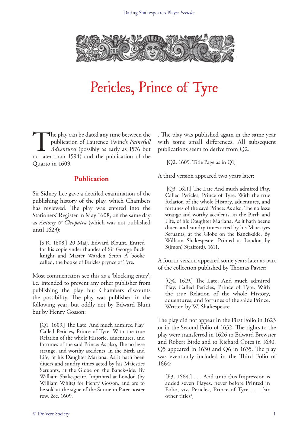 Pericles, Prince of Tyre