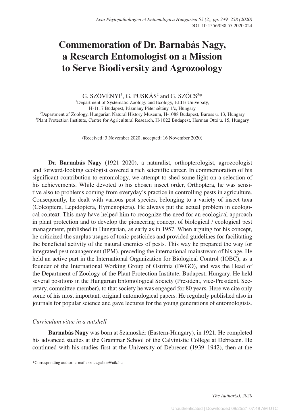 Commemoration of Dr. Barnabás Nagy, a Research Entomologist on a Mission to Serve Biodiversity and Agrozoology