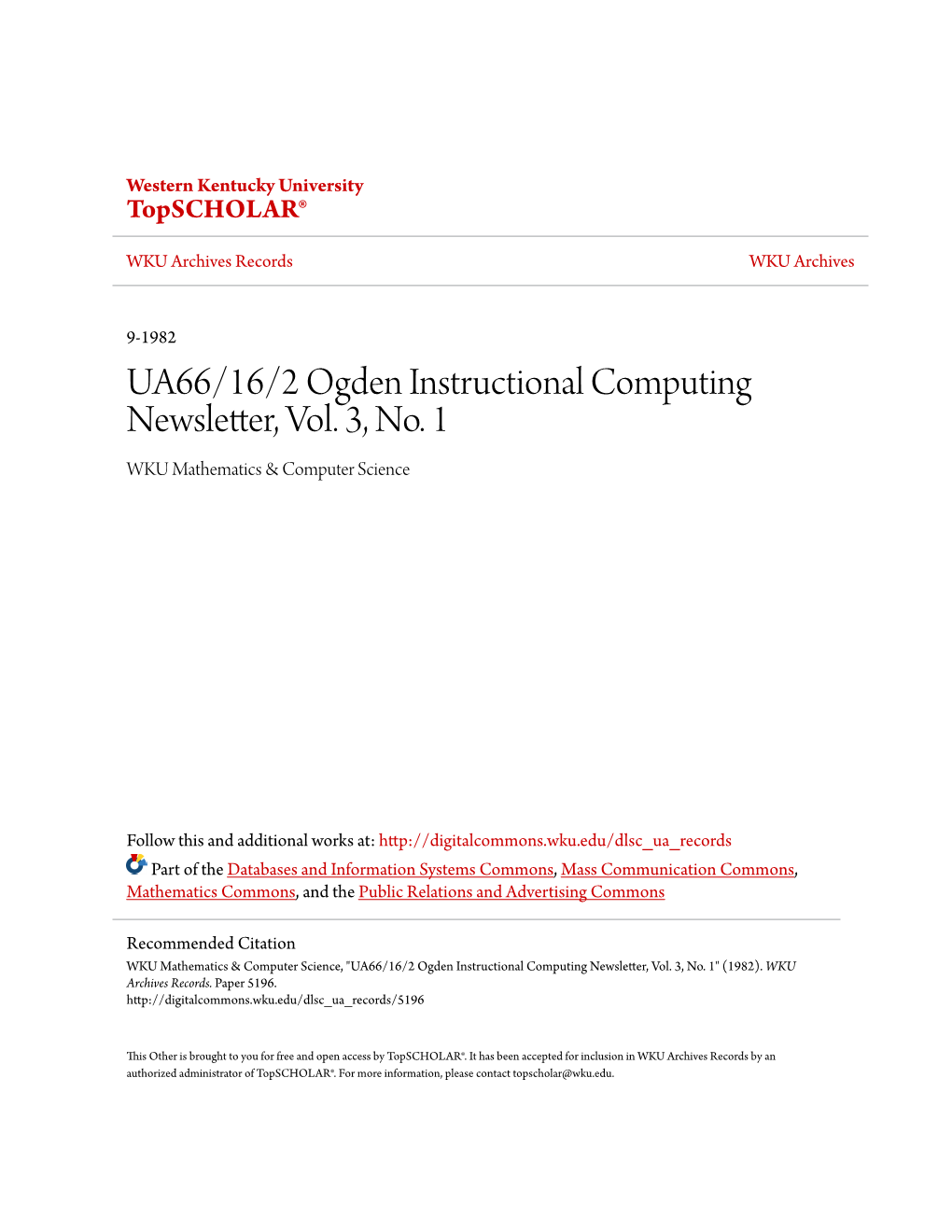 UA66/16/2 Ogden Instructional Computing Newsletter, Vol. 3, No. 1 WKU Mathematics & Computer Science