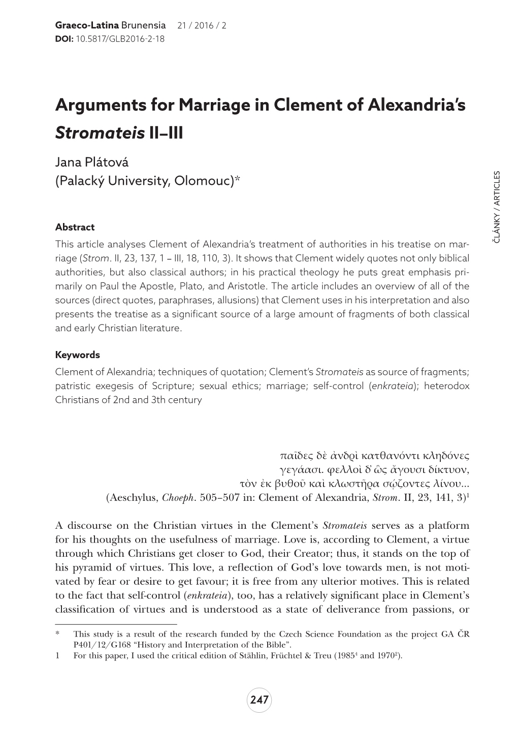 Arguments for Marriage in Clement of Alexandria's Stromateis II–III