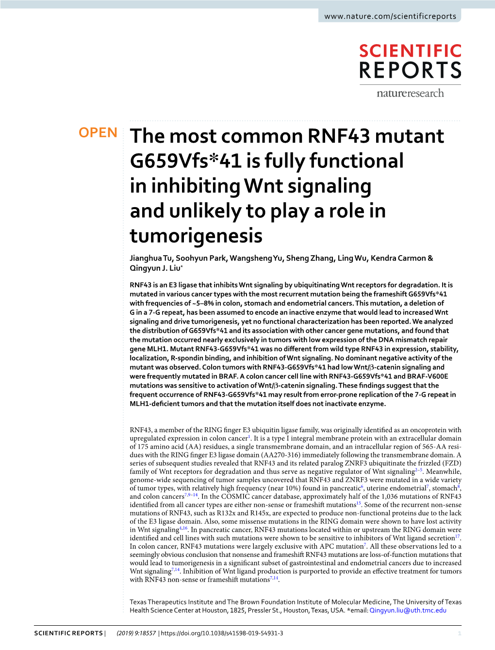 The Most Common RNF43 Mutant G659vfs*41 Is Fully Functional In
