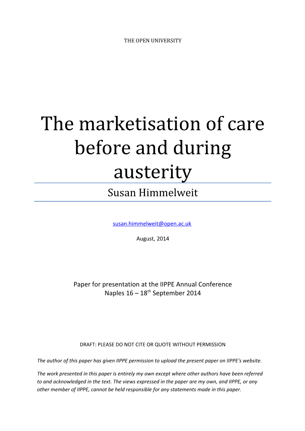 The Marketisation of Care Before and During Austerity