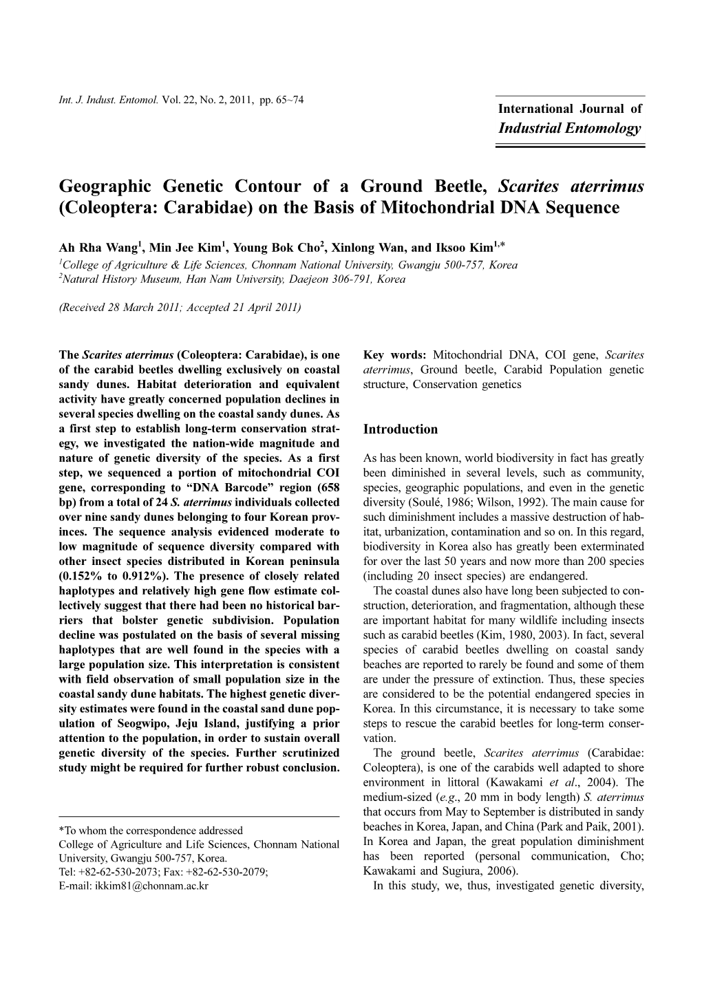 Geographic Genetic Contour of a Ground Beetle, Scarites Aterrimus (Coleoptera: Carabidae) on the Basis of Mitochondrial DNA Sequence