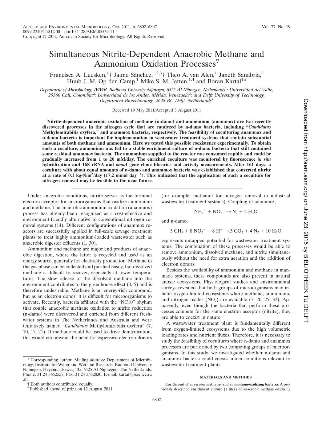 Simultaneous Nitrite-Dependent Anaerobic Methane and Ammonium Oxidation Processesᰔ Francisca A