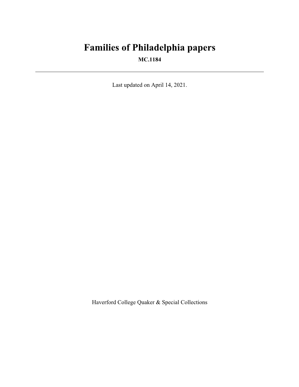 Families of Philadelphia Papers MC.1184