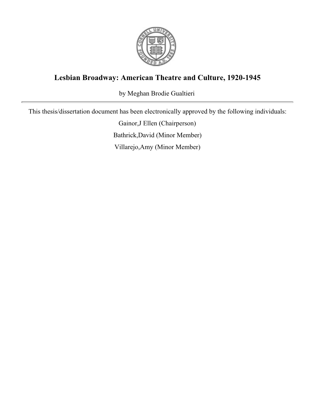 Lesbian Broadway: American Theatre and Culture, 1920-1945