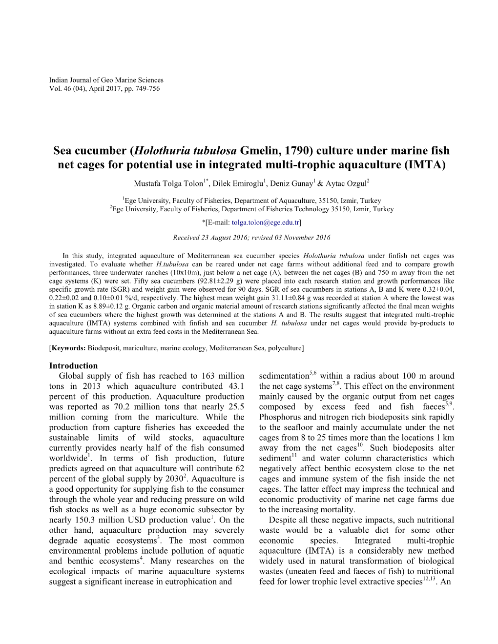 Sea Cucumber (Holothuria Tubulosa Gmelin, 1790) Culture Under Marine Fish Net Cages for Potential Use in Integrated Multi-Trophic Aquaculture (IMTA)