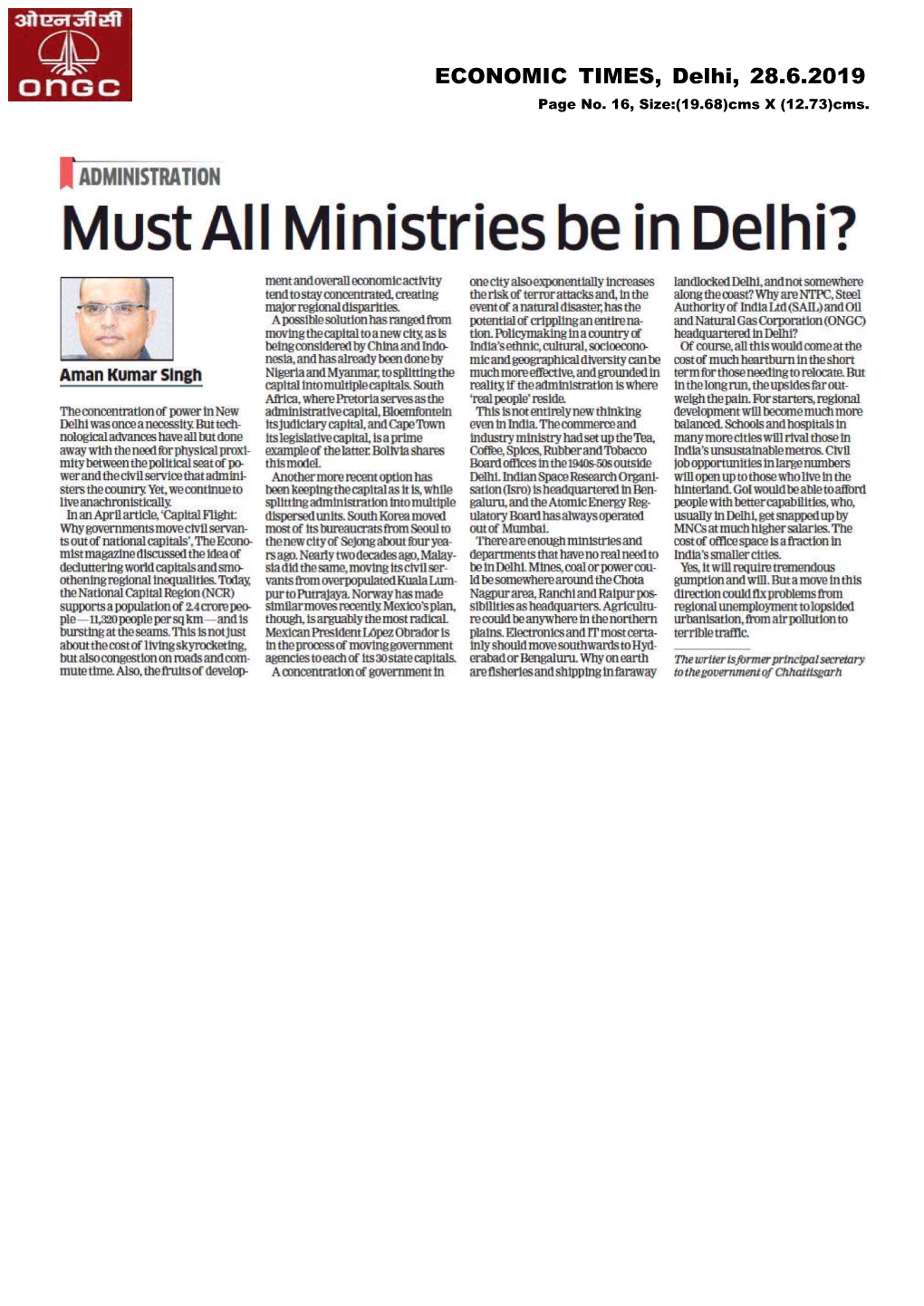 ECONOMIC TIMES, Delhi, 28.6.2019 Page No