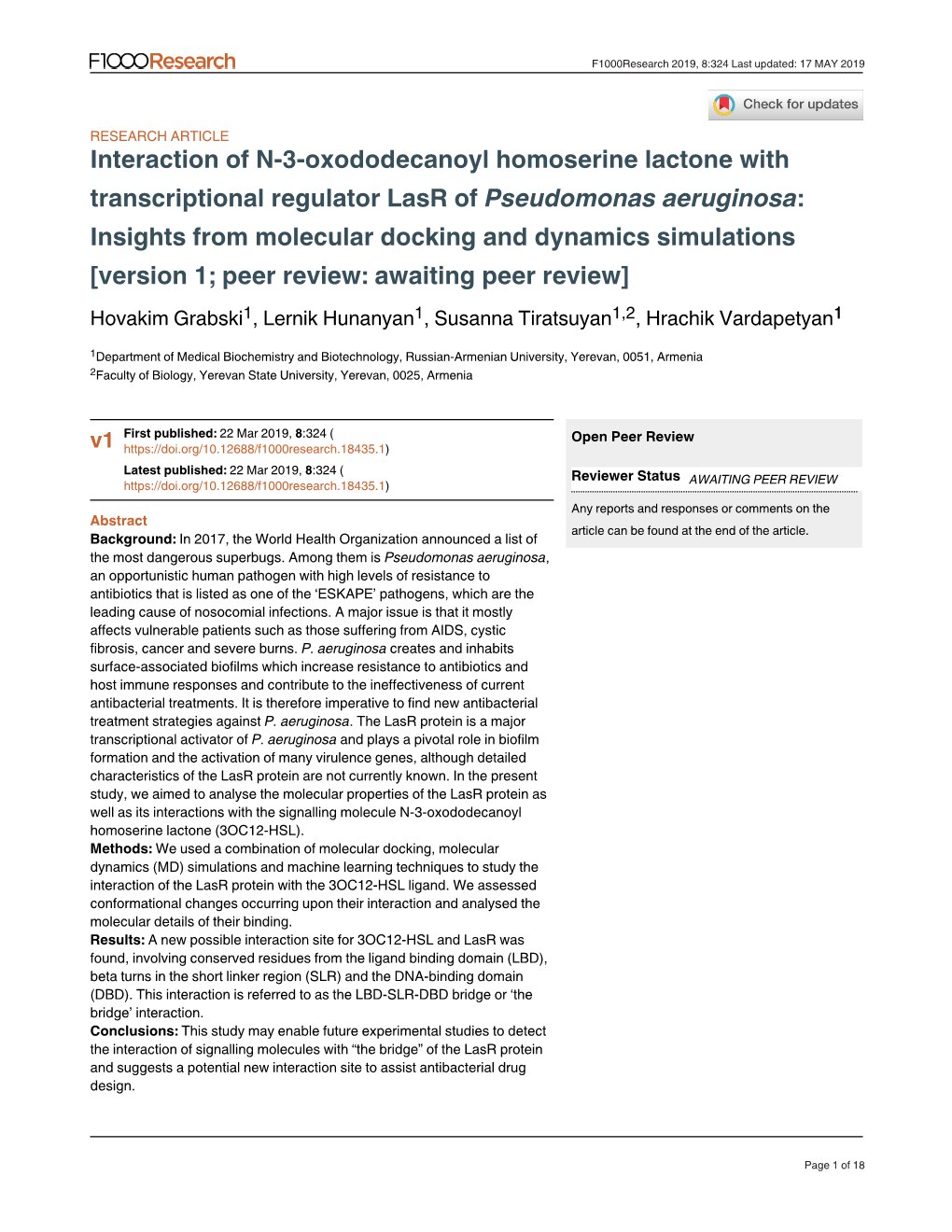 Interaction of N-3-Oxododecanoyl Homoserine Lactone with Transcriptional Regulator Lasr of Pseudomonas Aeruginosa