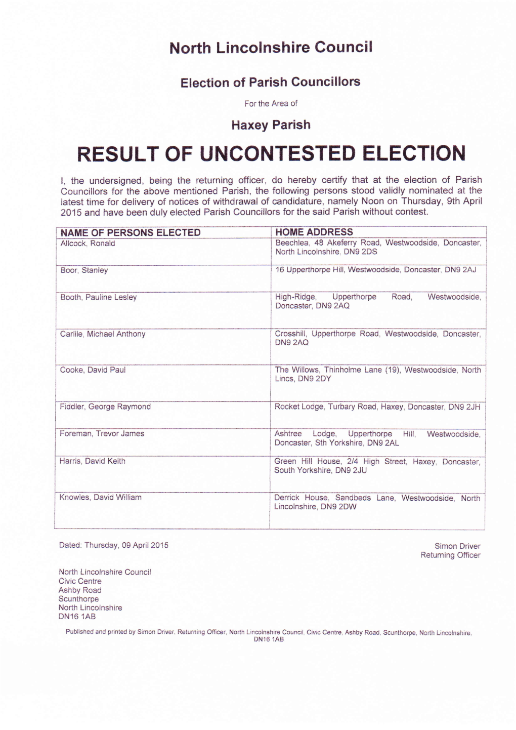 Result of Uncontested Election