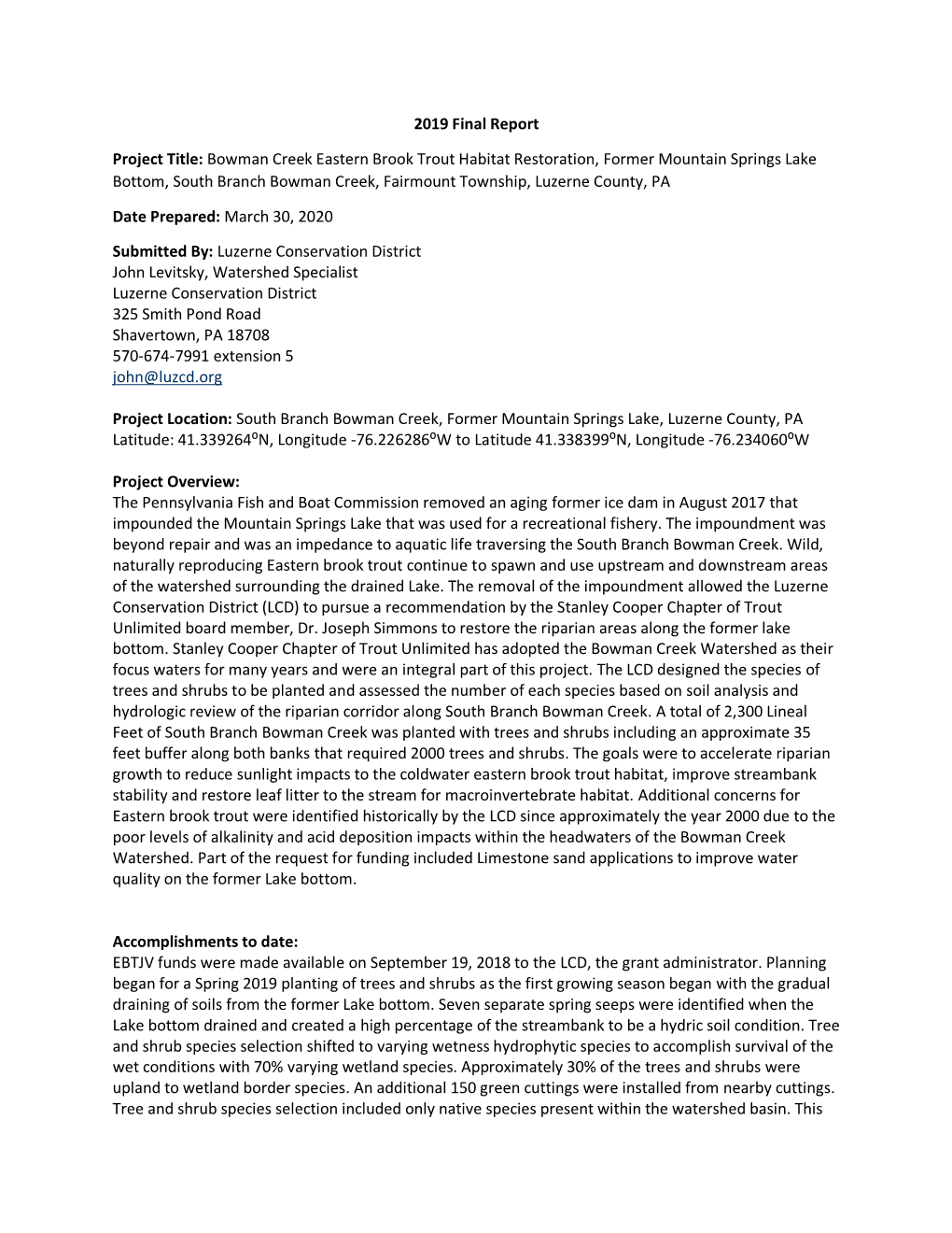 2019 Final Report Project Title: Bowman Creek Eastern Brook Trout