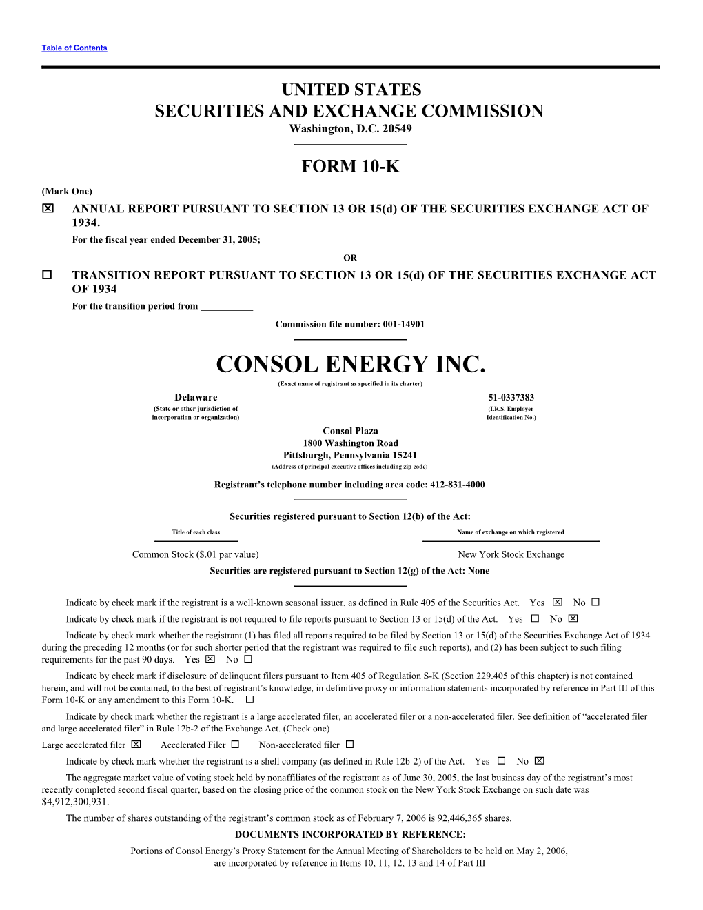 CONSOL ENERGY INC. (Exact Name of Registrant As Specified in Its Charter)