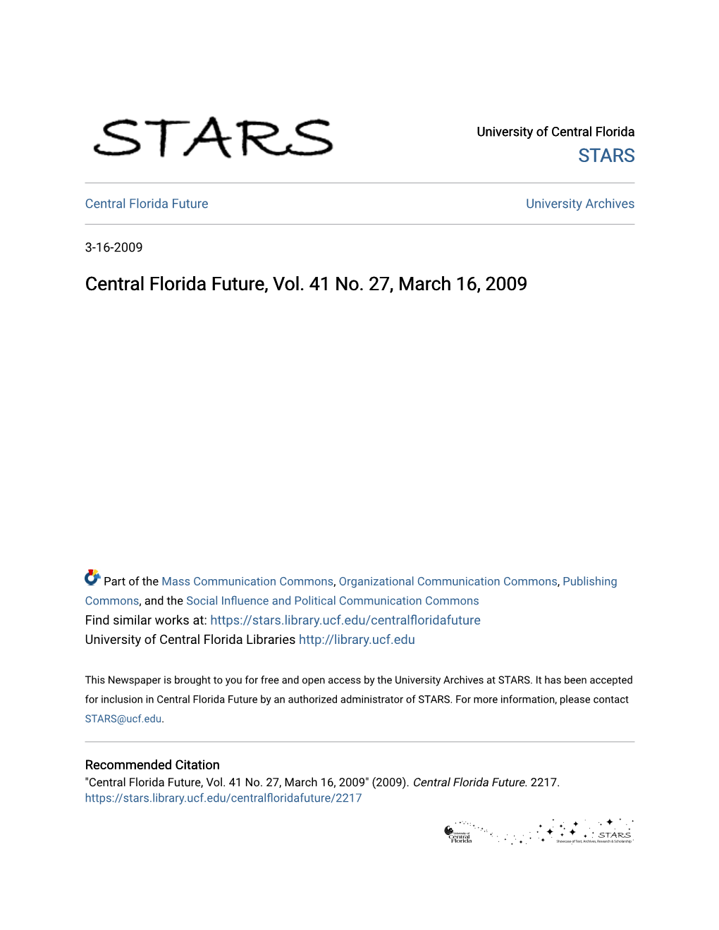 Central Florida Future, Vol. 41 No. 27, March 16, 2009