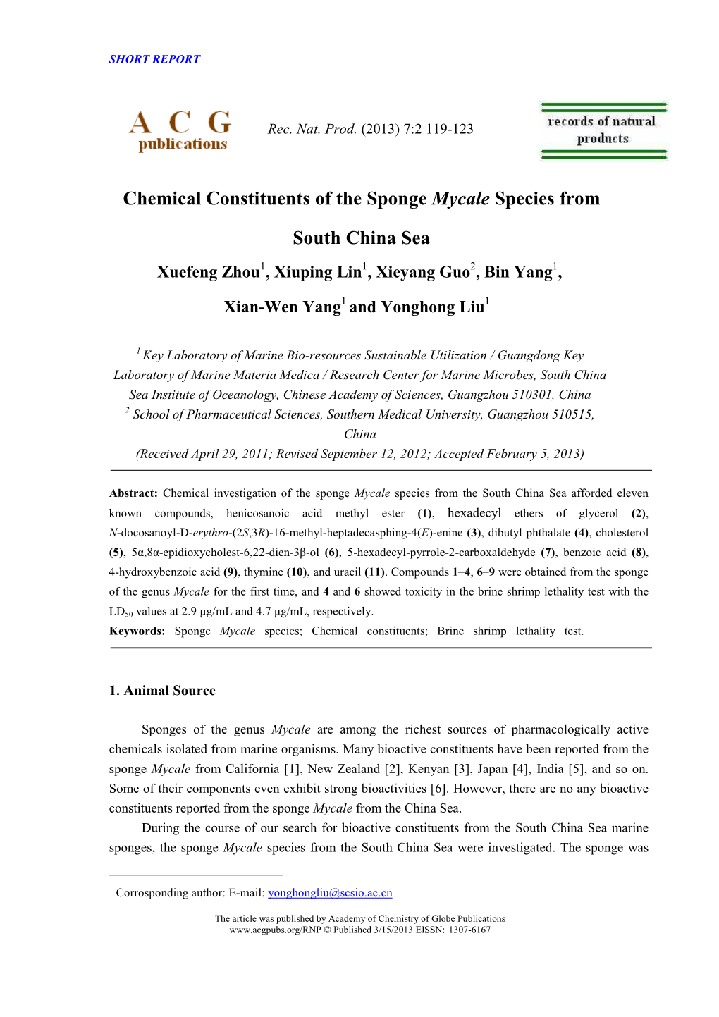 Chemical Constituents of the Sponge Mycale Species from South China