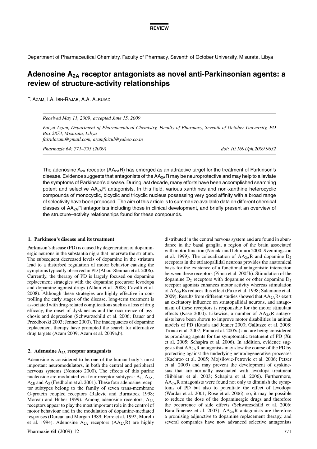 Adenosine A2A Receptor Antagonists As Novel Anti-Parkinsonian Agents: a Review of Structure-Activity Relationships