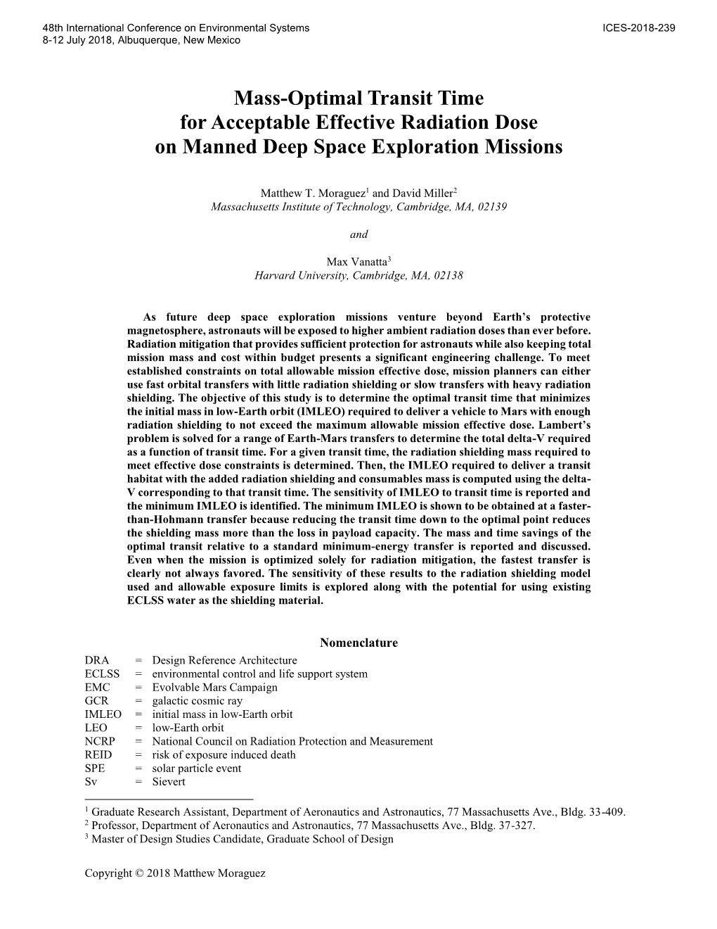 Mass-Optimal Transit Time for Acceptable Effective Radiation Dose on Manned Deep Space Exploration Missions