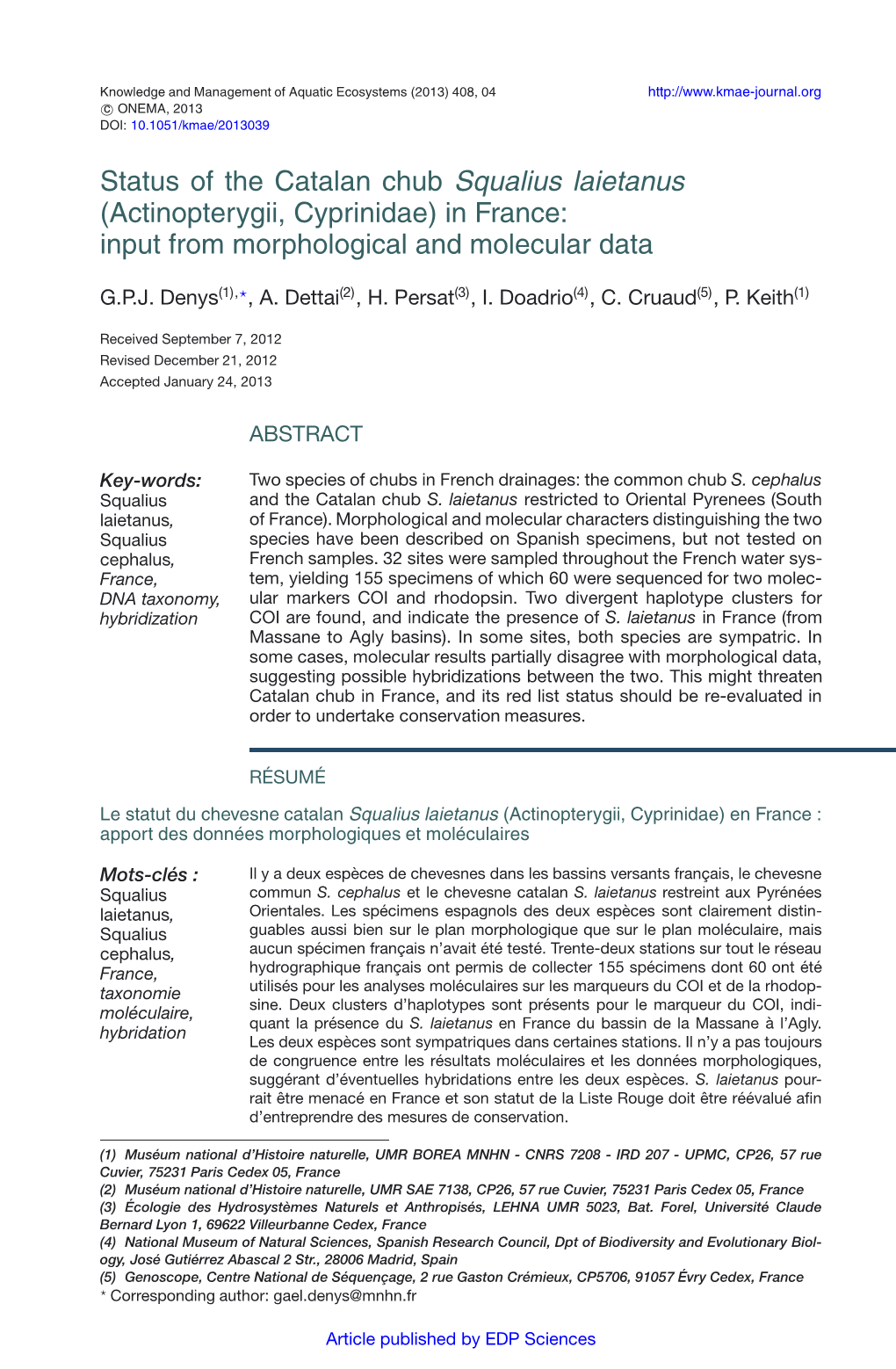 Status of the Catalan Chub Squalius Laietanus (Actinopterygii, Cyprinidae) in France: Input from Morphological and Molecular Data