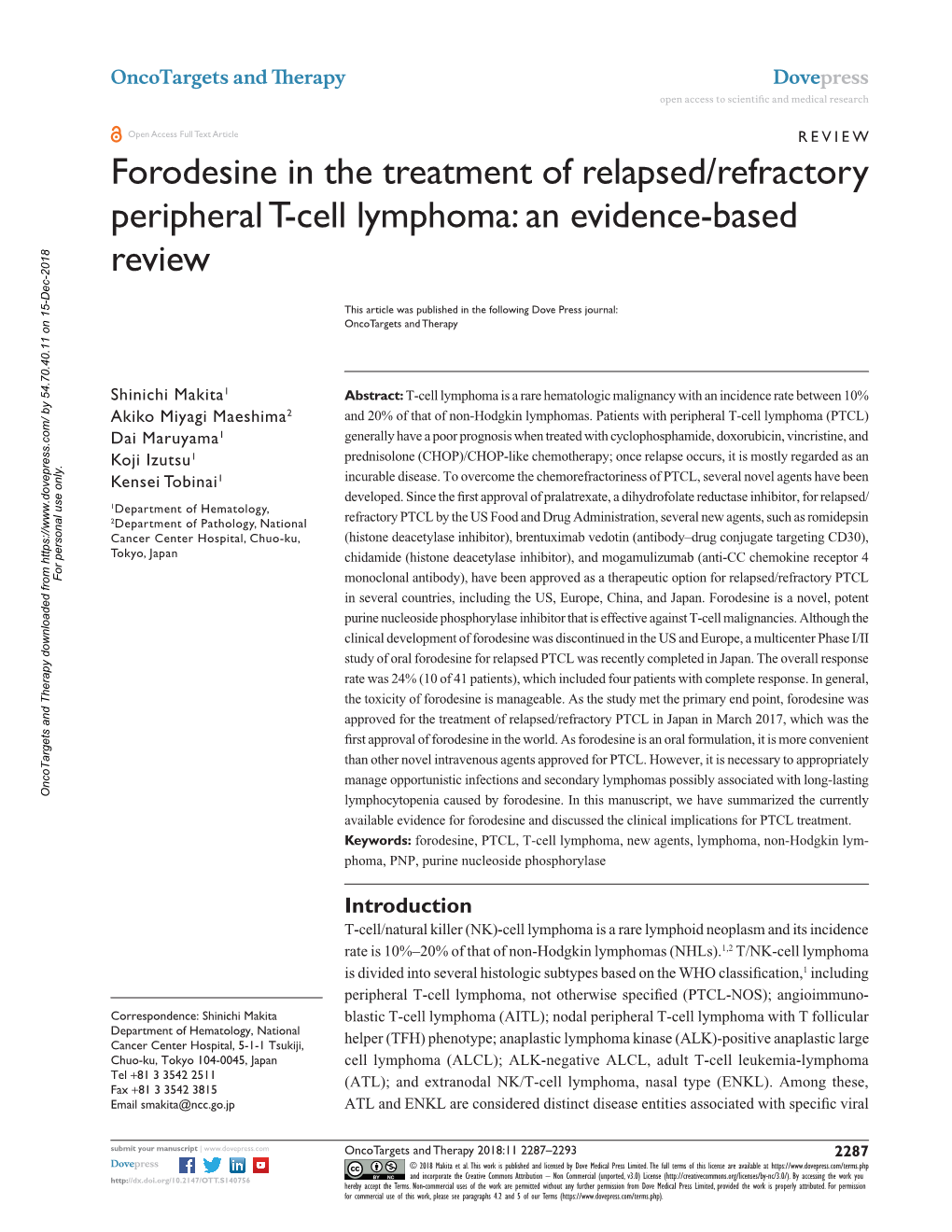 Forodesine in the Treatment of Relapsed/Refractory Peripheral T-Cell Lymphoma: an Evidence-Based Review