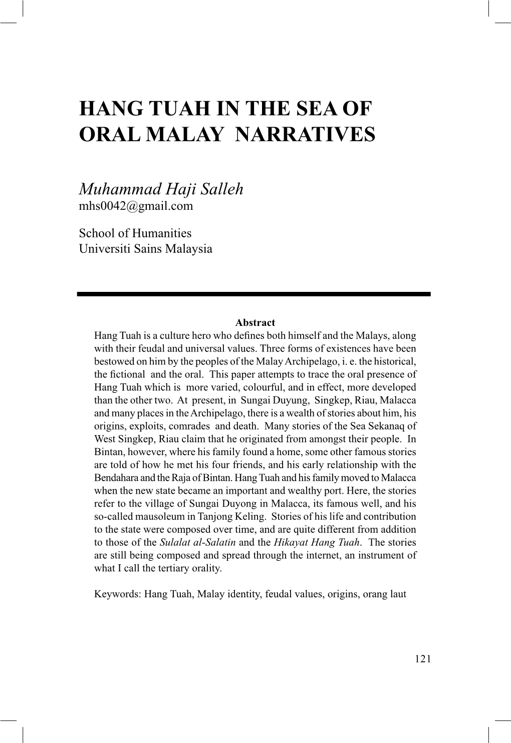 Hang Tuah in the Sea of Oral Malay Narratives