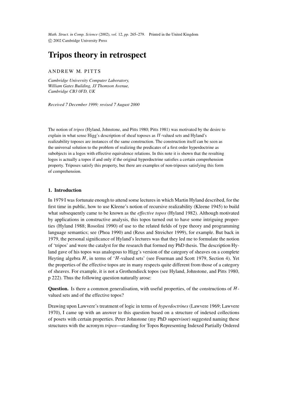 Tripos Theory in Retrospect