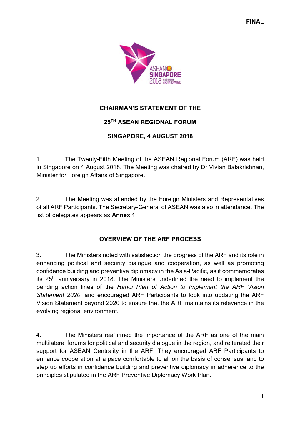 Final 1 Chairman's Statement of the 25Th Asean Regional