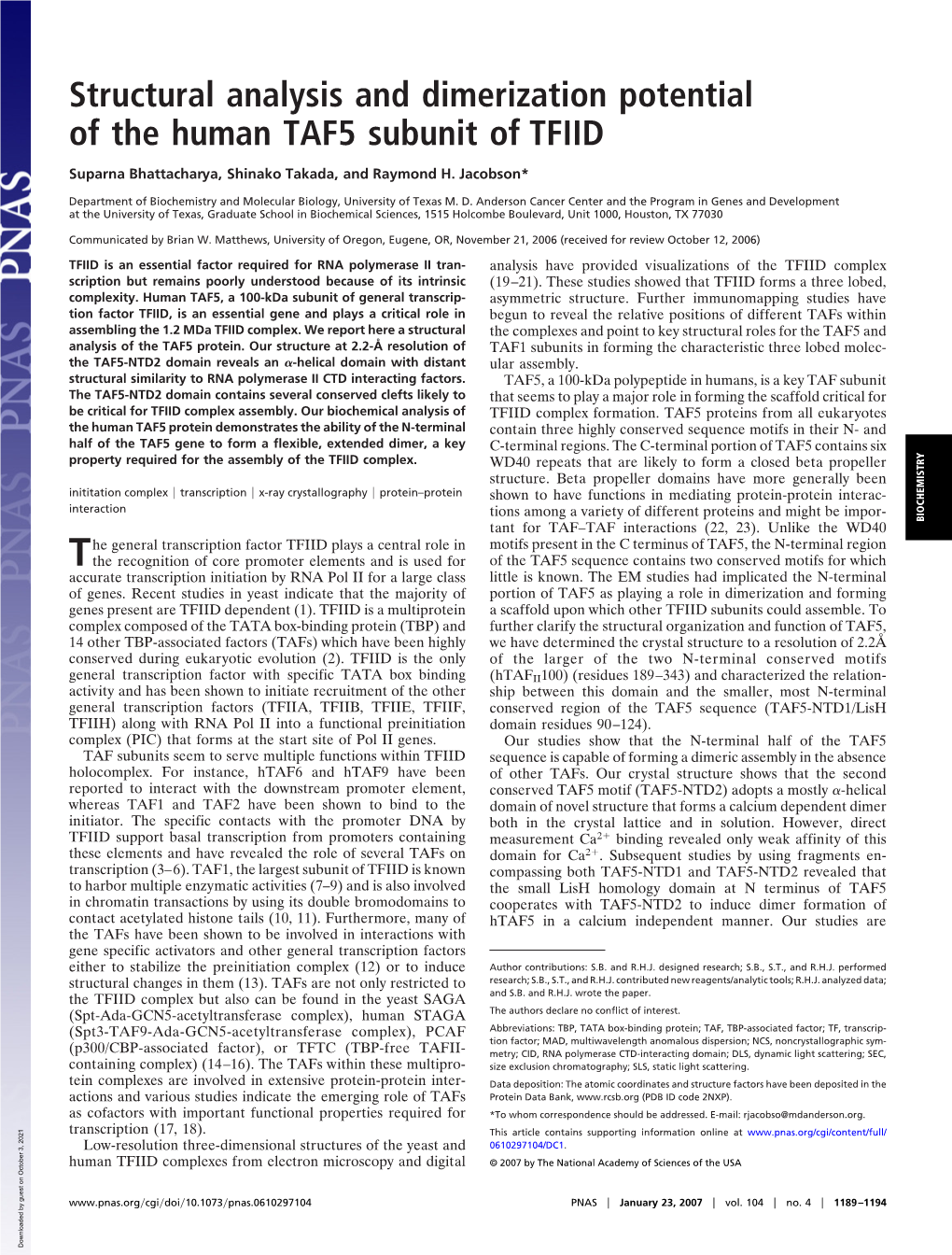 Structural Analysis and Dimerization Potential of the Human TAF5 Subunit of TFIID