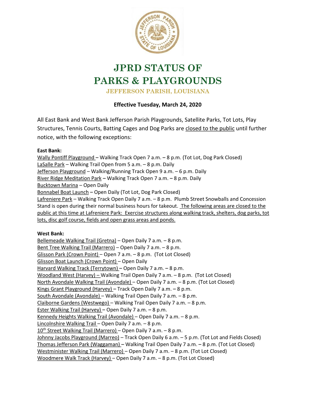 Jprd Status of Parks & Playgrounds