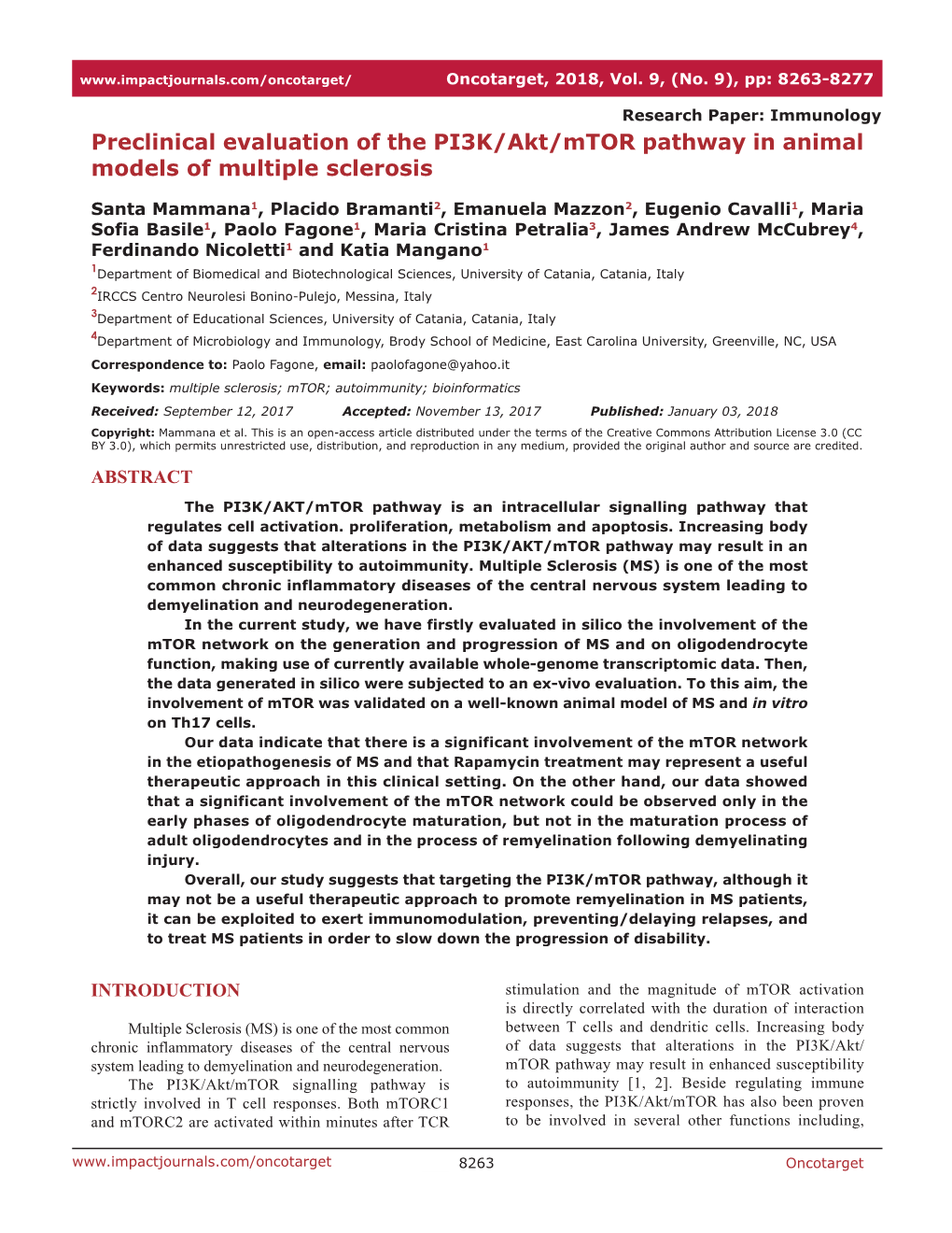 Preclinical Evaluation of the PI3K/Akt/Mtor Pathway in Animal Models of Multiple Sclerosis