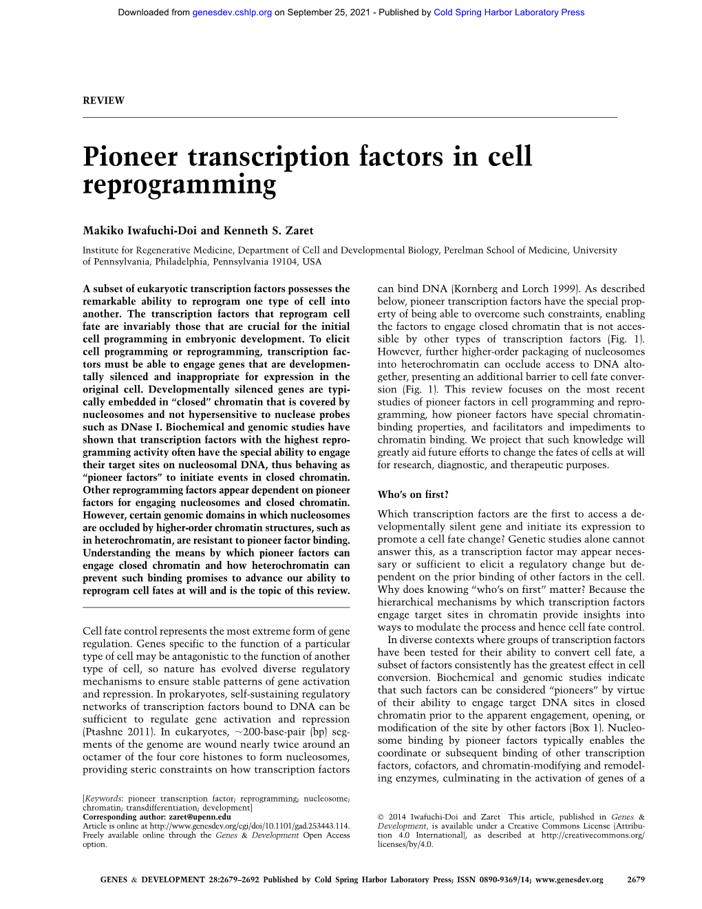 Pioneer Transcription Factors in Cell Reprogramming