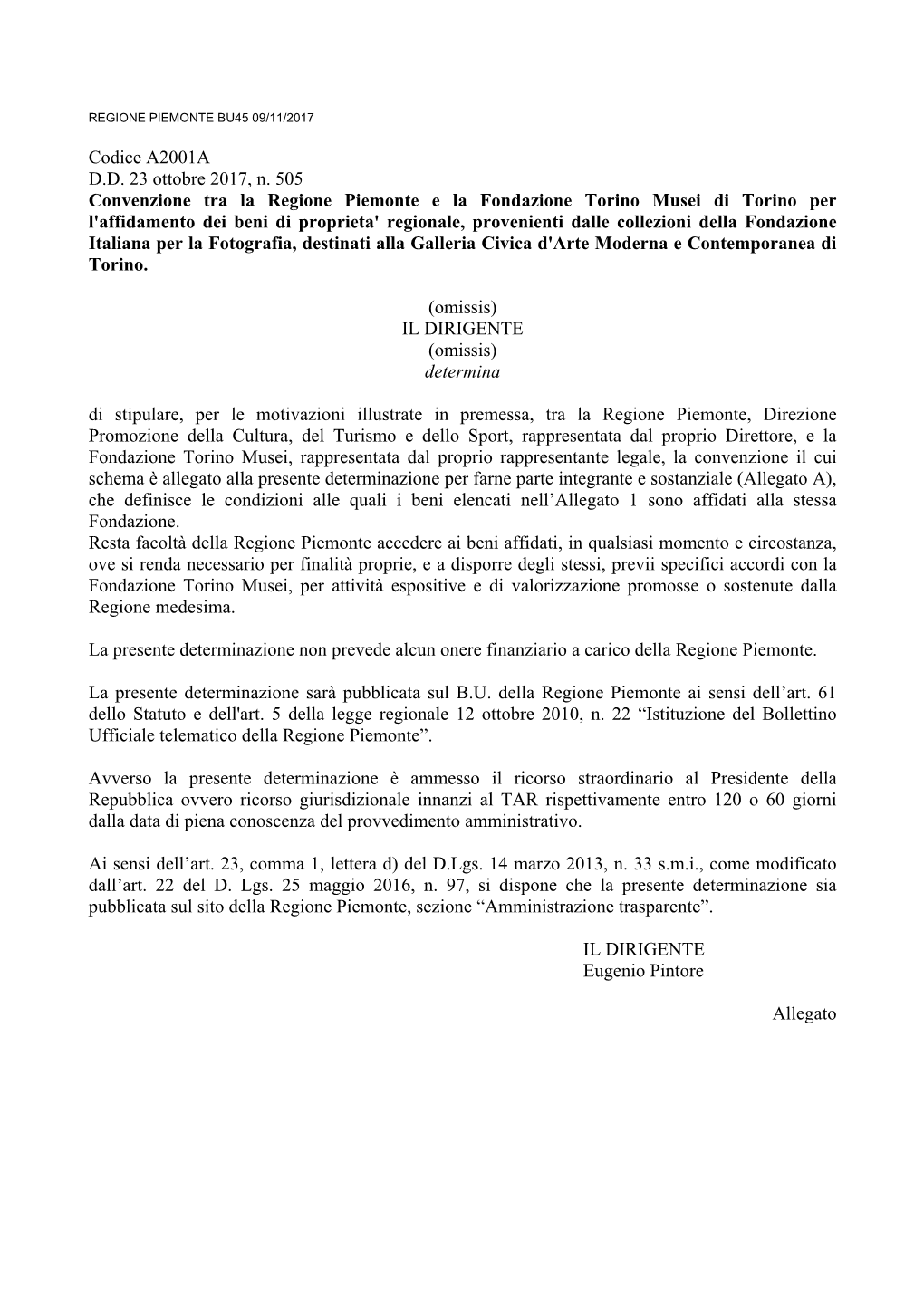 Codice A2001A D.D. 23 Ottobre 2017, N. 505 Convenzione Tra La Regione