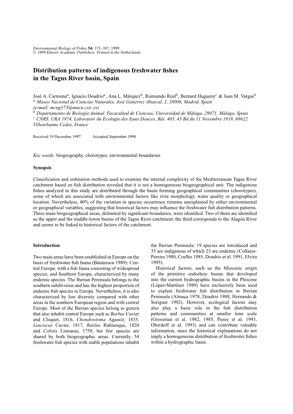 Distribution Patterns of Indigenous Freshwater Fishes in the Tagus