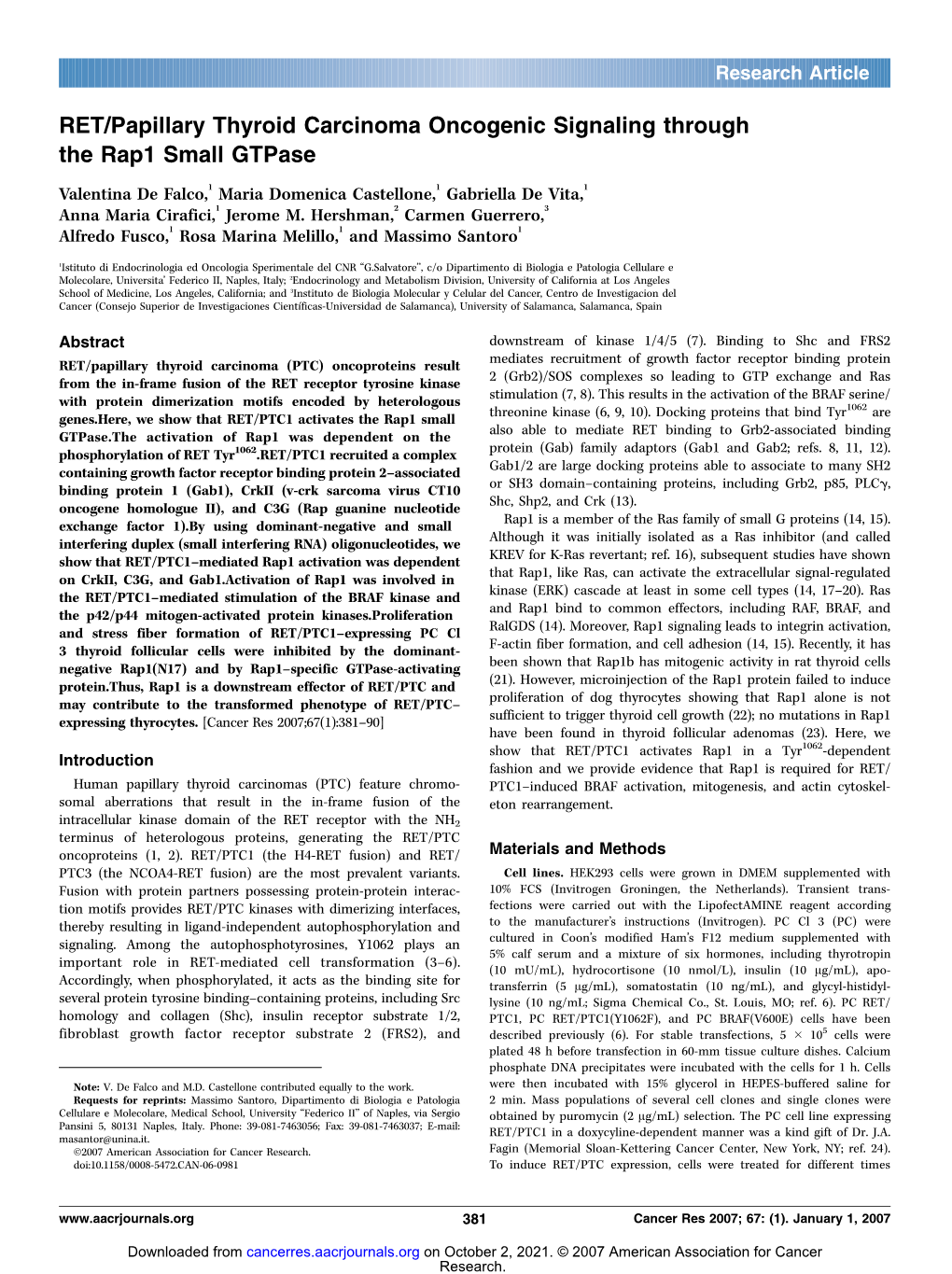 RET/Papillary Thyroid Carcinoma Oncogenic Signaling Through The