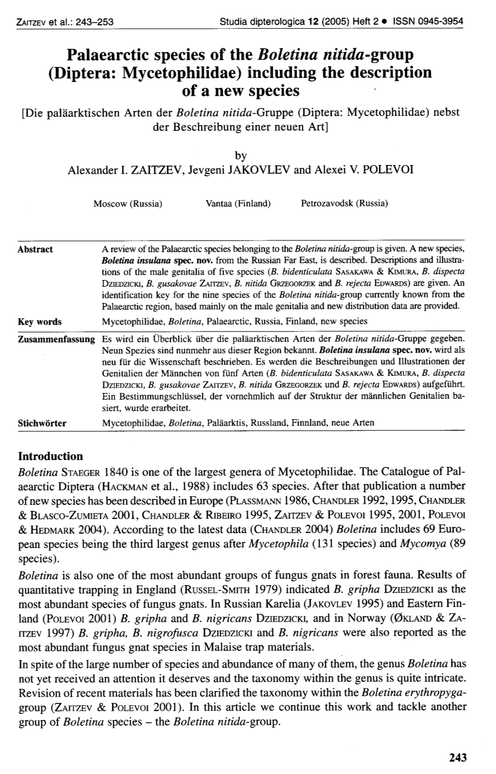 Palaearctic Species of the Boletina Nitida-Group (Diptera: Mycetophilidae)