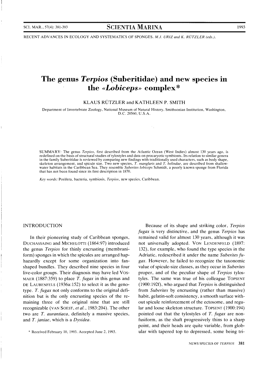 The Genus Terpios (Suberitidae)(Suheritidae) and New Species in the «Lobiceps» Complexcomplex**