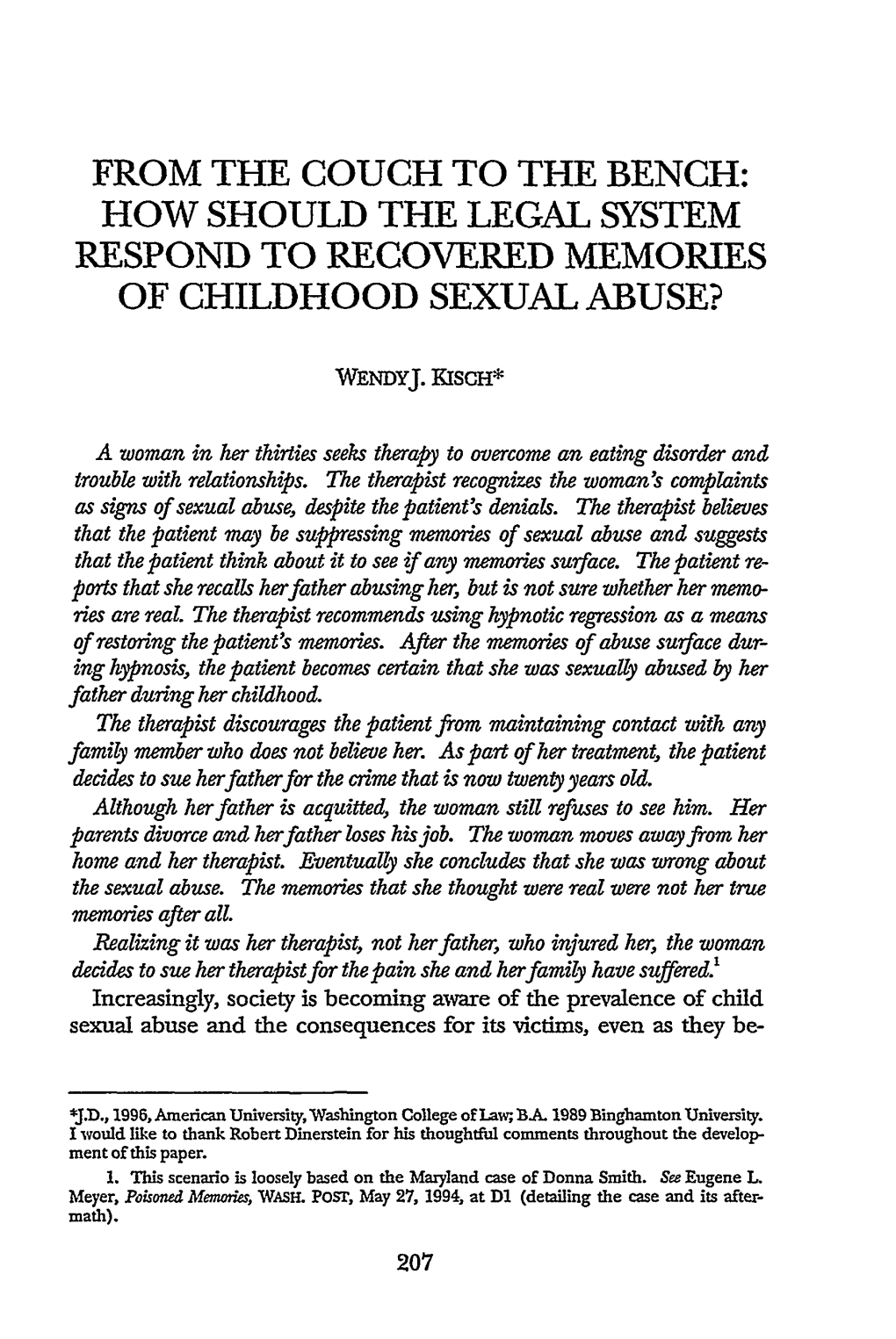 How Should the Legal System Respond to Recovered Memories of Childhood Sexual Abuse?