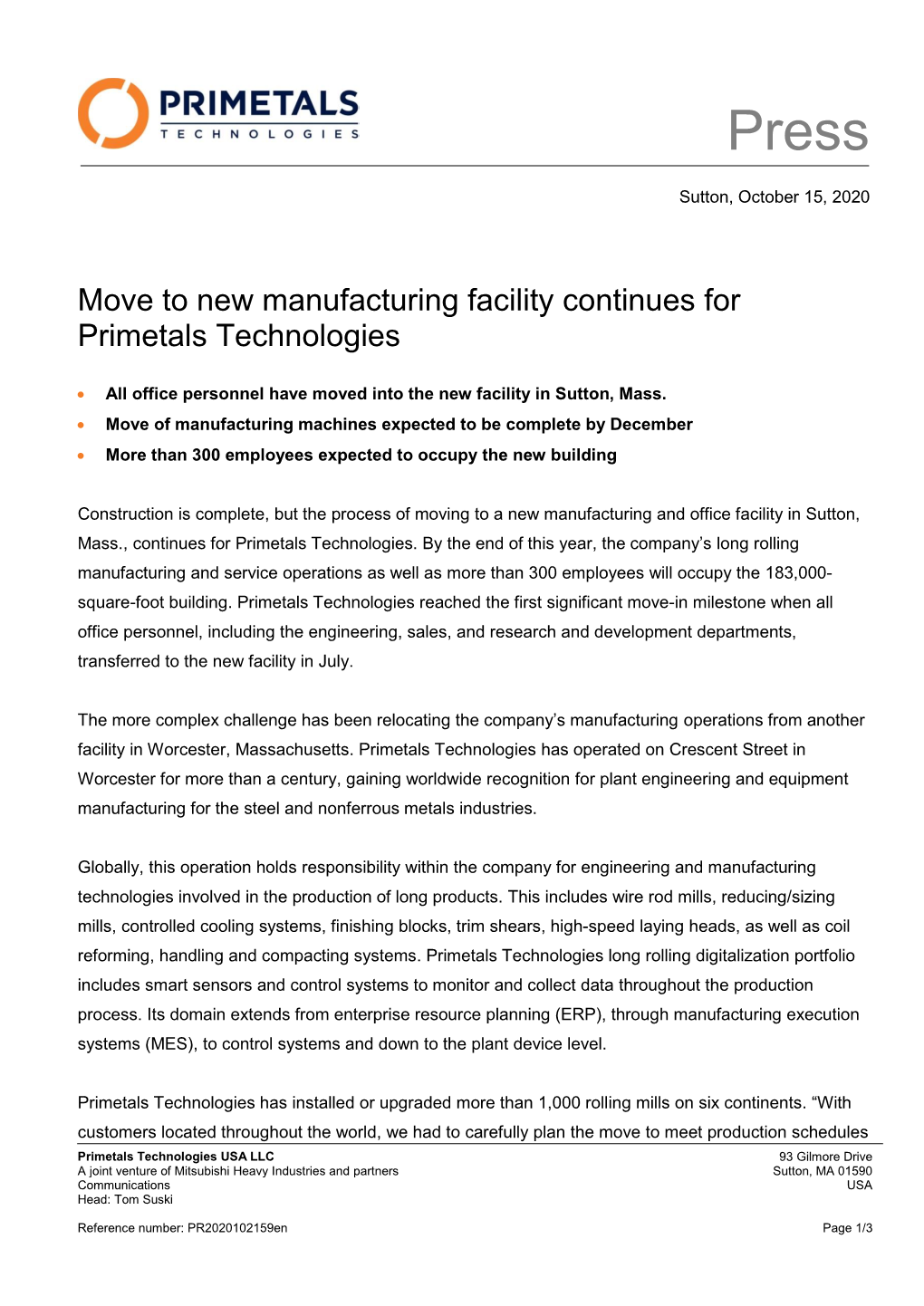 Move to New Manufacturing Facility Continues for Primetals Technologies