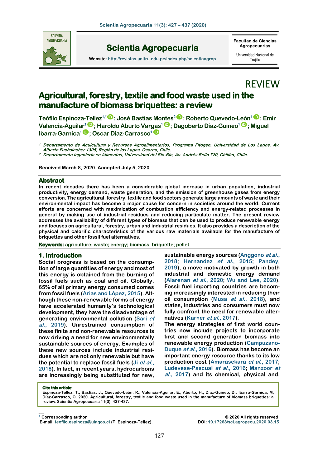 REVIEW Agricultural, Forestry, Textile and Food Waste Used in the Manufacture of Biomass Briquettes: a Review
