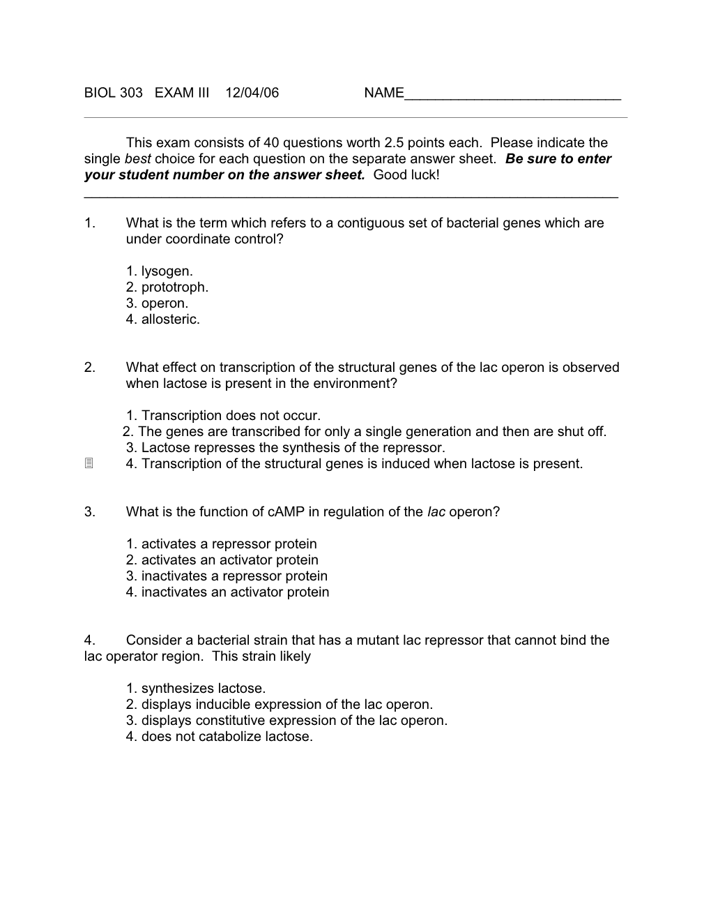 Biology 303 EXAM III