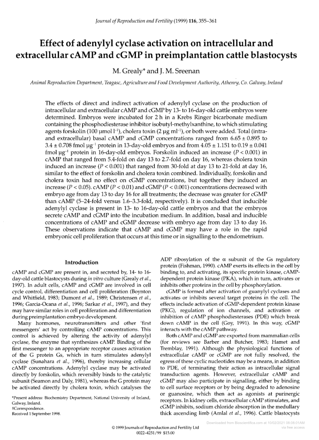 Effect of Adenylyl Cyclase Activation on Intracellular and Extracellular Camp and Cgmp in Preimplantation Cattle Blastocysts M